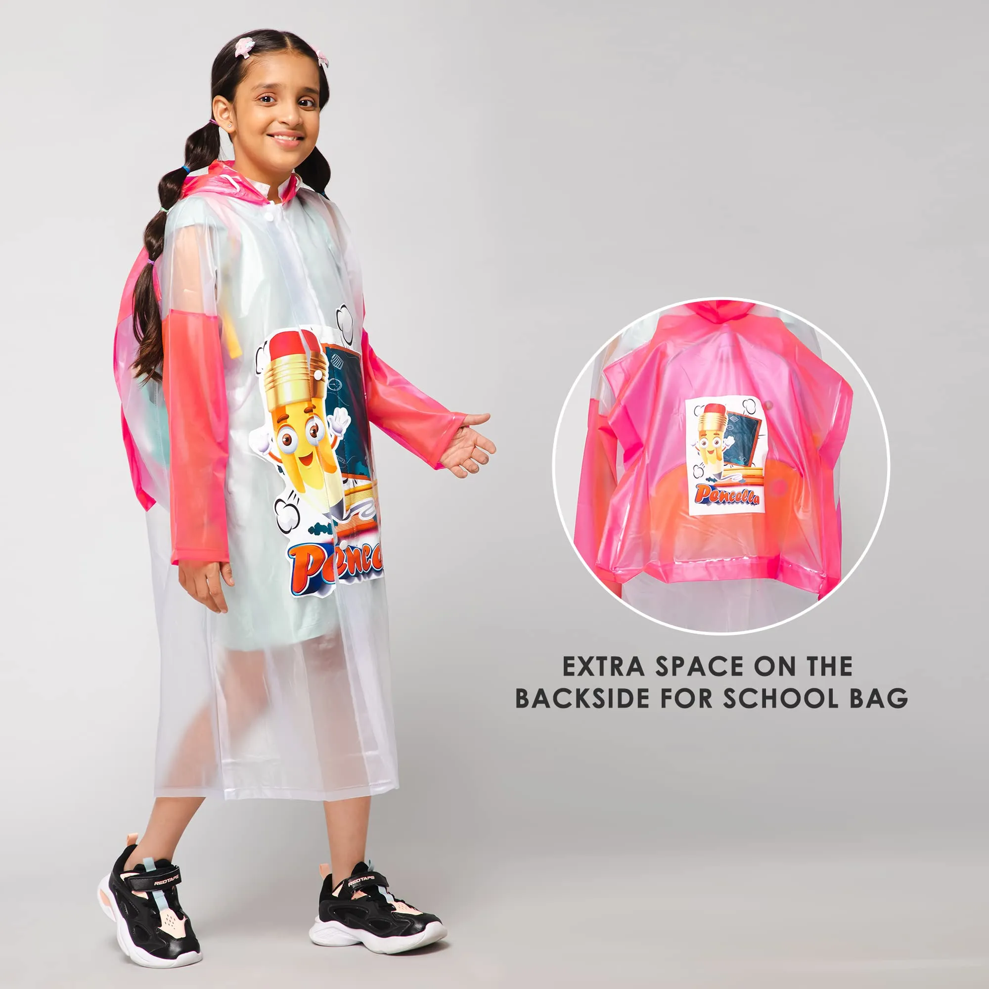 THE CLOWNFISH Toon Caper Series Kids Waterproof PVC Longcoat with Adjustable Hood & Extra Space for Backpack/Schoolbag Holding. Printed Plastic Pouch. Kid Age-3-4 years (Milky White -Transparent)