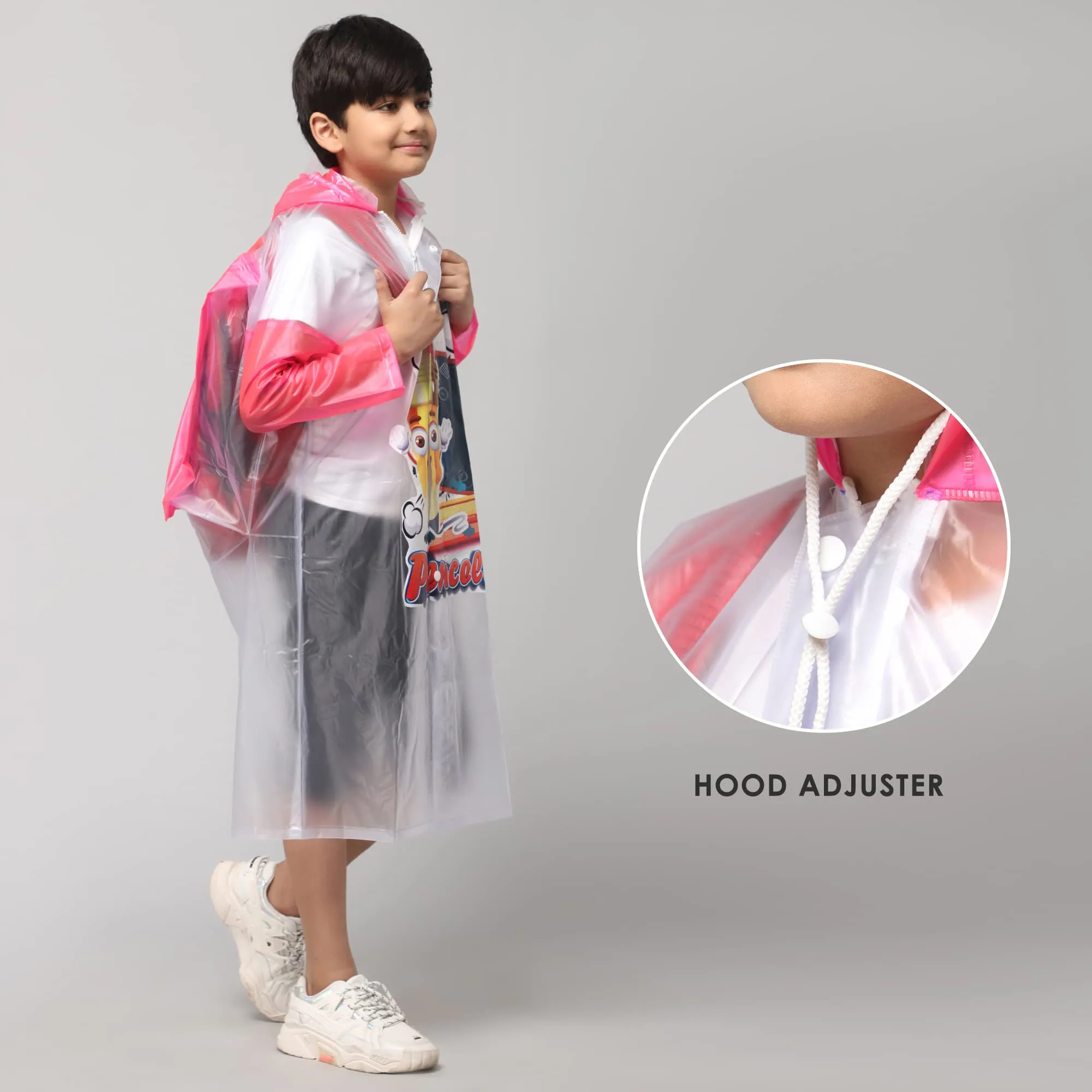 THE CLOWNFISH Toon Caper Series Kids Waterproof PVC Longcoat with Adjustable Hood & Extra Space for Backpack/Schoolbag Holding. Printed Plastic Pouch. Kid Age-3-4 years (Milky White -Transparent)