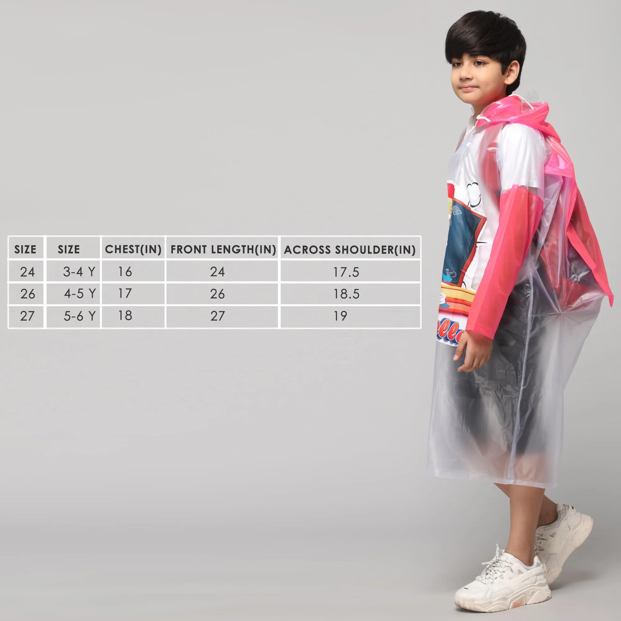 THE CLOWNFISH Toon Caper Series Kids Waterproof PVC Longcoat with Adjustable Hood & Extra Space for Backpack/Schoolbag Holding. Printed Plastic Pouch. Kid Age-3-4 years (Milky White -Transparent)