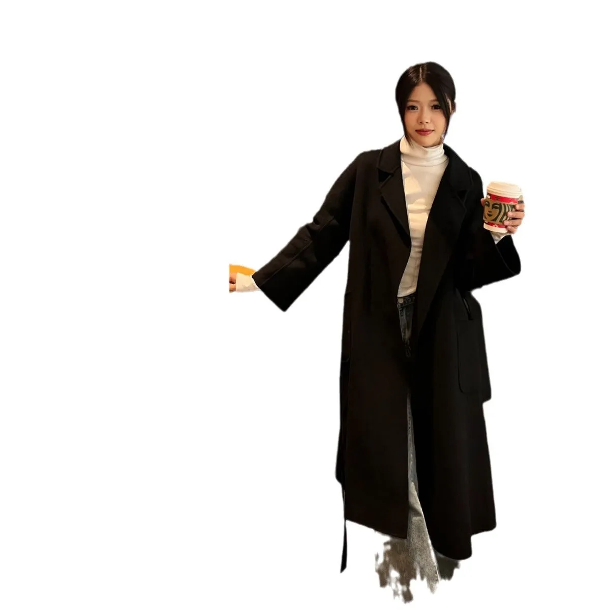 Toleet women’s fashion Hand-Stitched Arch Needle Slim Lace-up Bathrobe Wool Casual Long Coat Handmade Double-Sided Nylon Coat