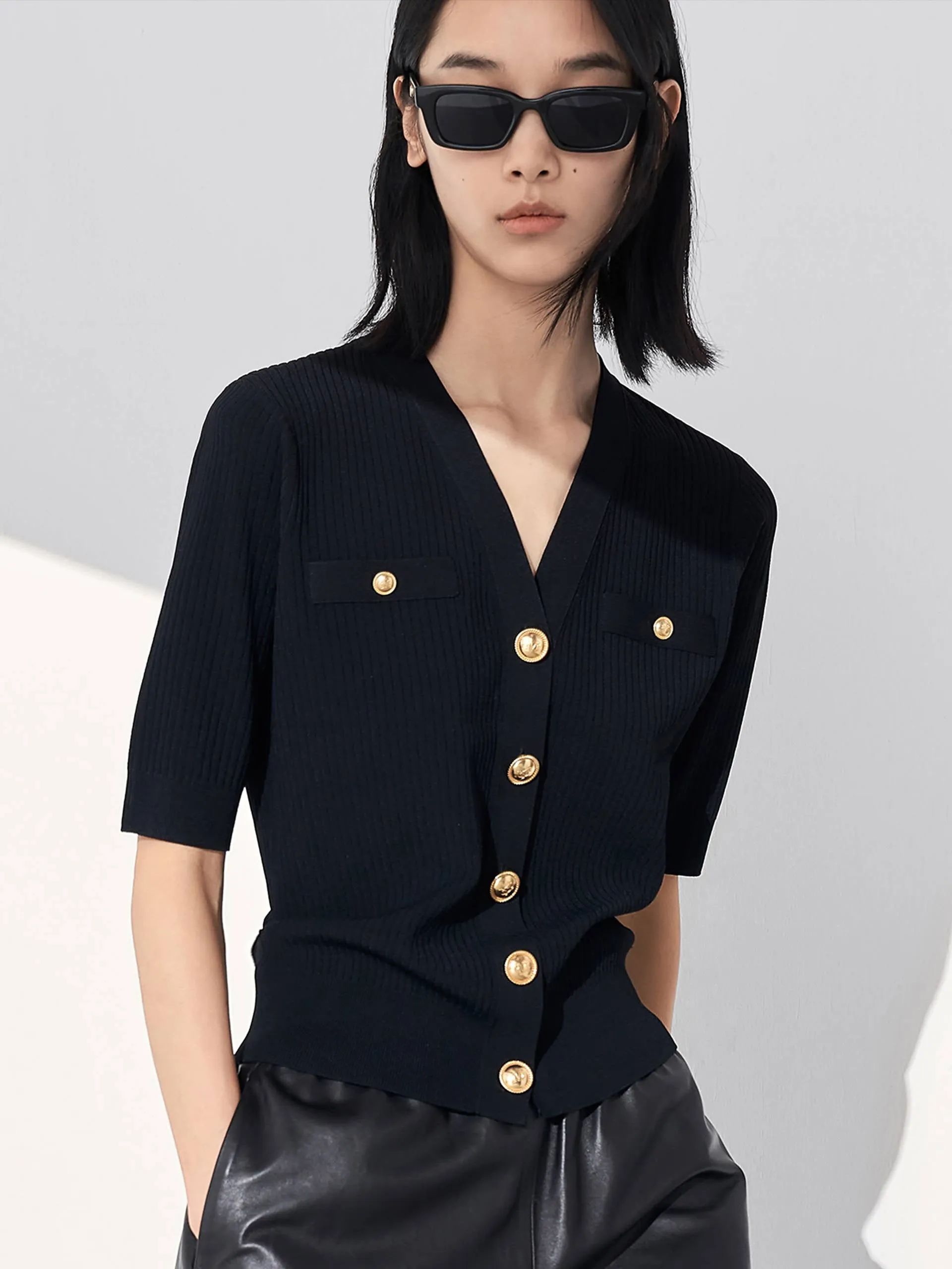 V-neck Metal Button Cardigan