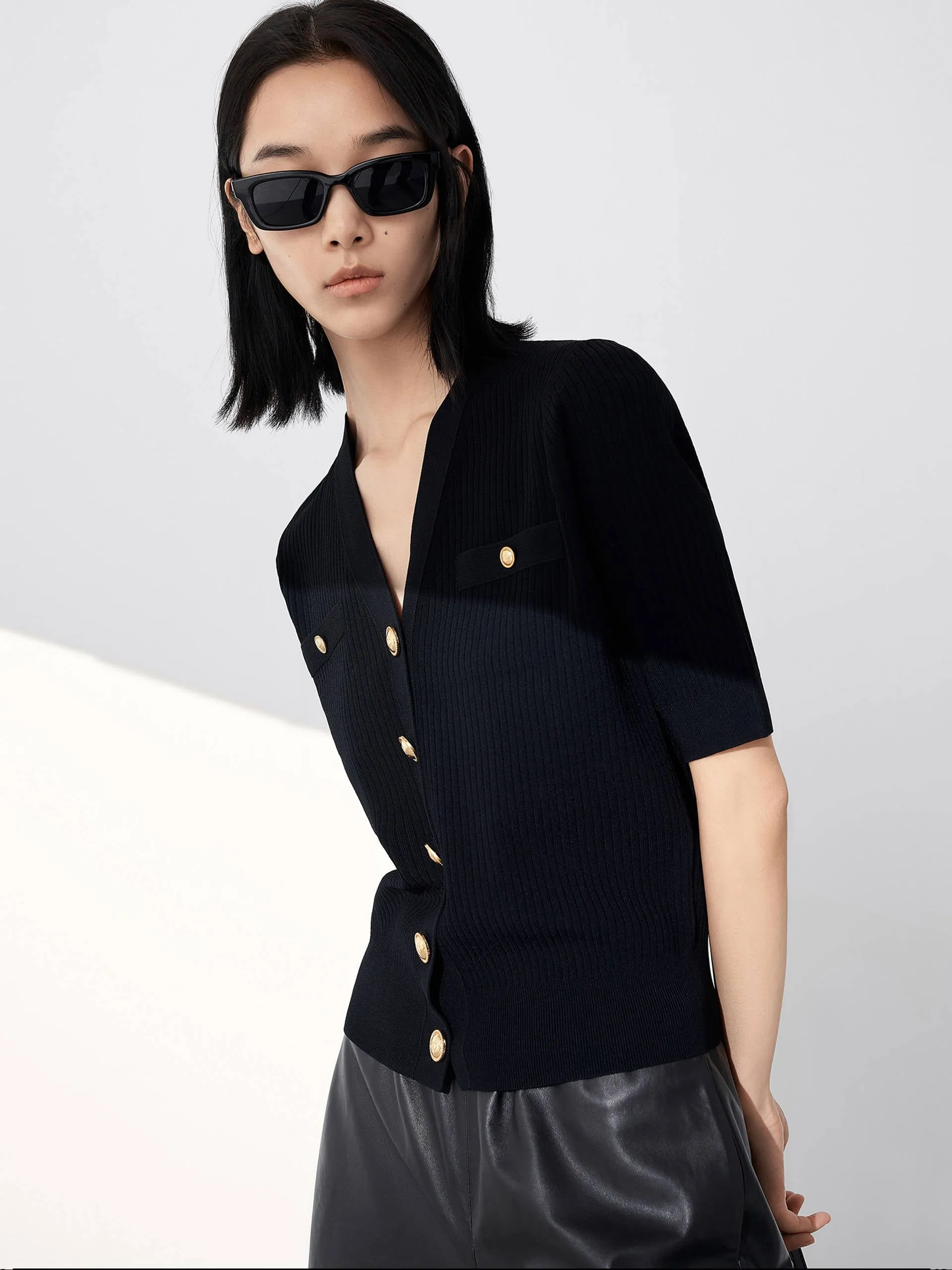 V-neck Metal Button Cardigan