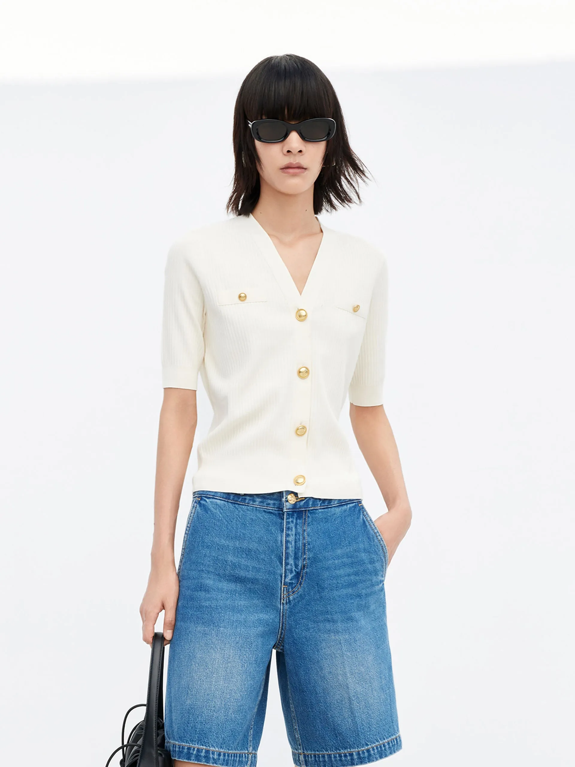 V-neck Metal Button Cardigan