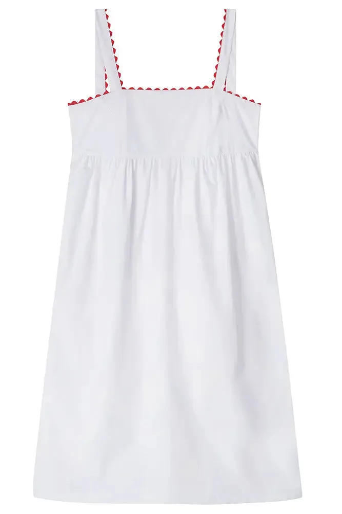 White Midi Nightdress With Red Ric Rac - 100% Cotton Poplin