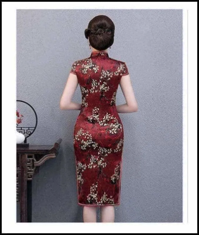 Winnal Real Silk Knee Length Cheongsam Floral Chinese Qipao Dress