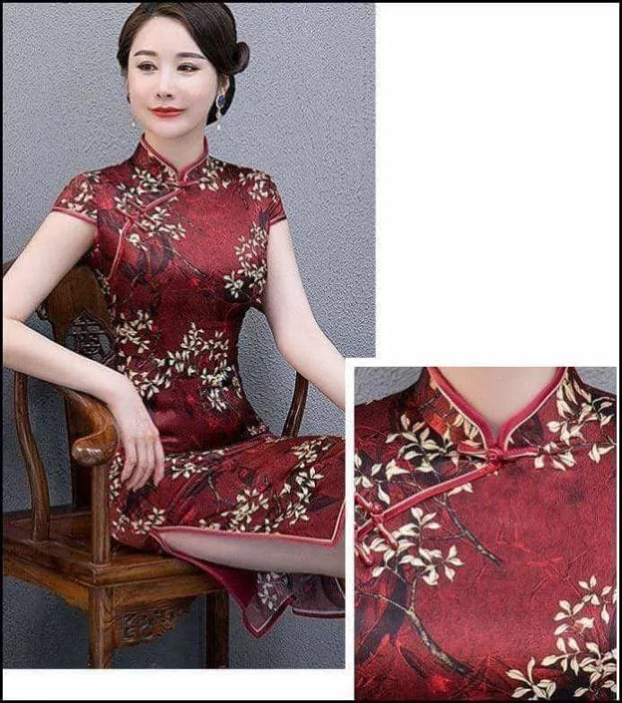 Winnal Real Silk Knee Length Cheongsam Floral Chinese Qipao Dress