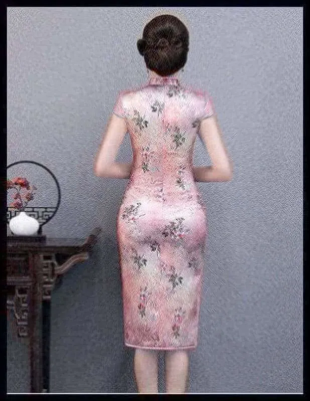 Winnal Real Silk Knee Length Cheongsam Floral Chinese Qipao Dress