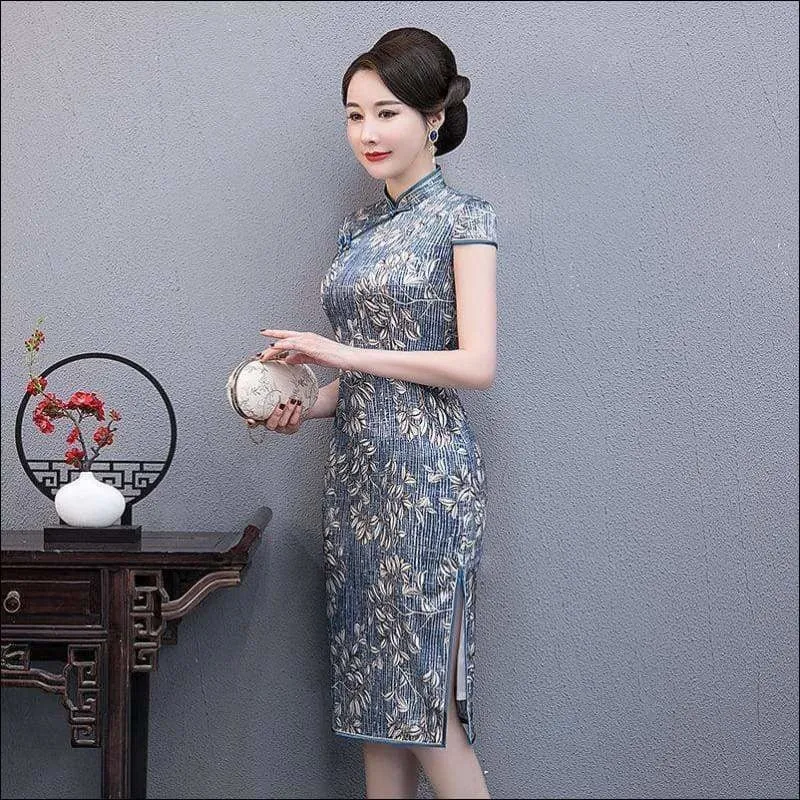 Winnal Real Silk Knee Length Cheongsam Floral Chinese Qipao Dress