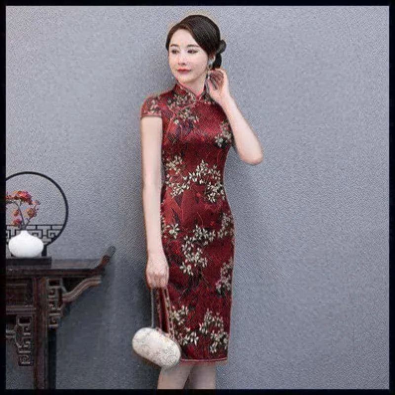 Winnal Real Silk Knee Length Cheongsam Floral Chinese Qipao Dress