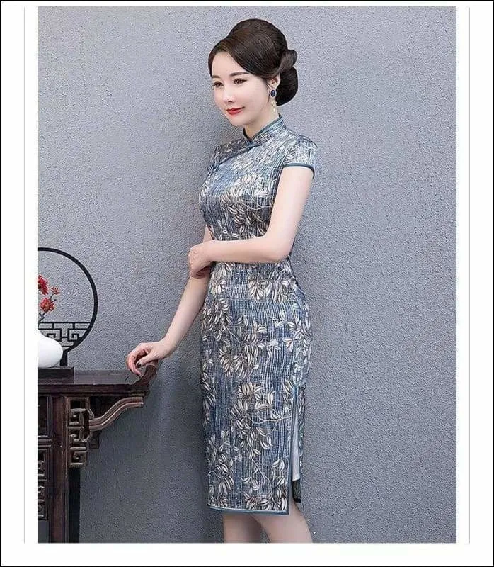 Winnal Real Silk Knee Length Cheongsam Floral Chinese Qipao Dress