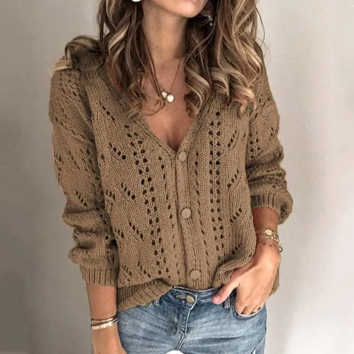 Women's v-neck hollow knit sweater long sleeve casual pullover sweater