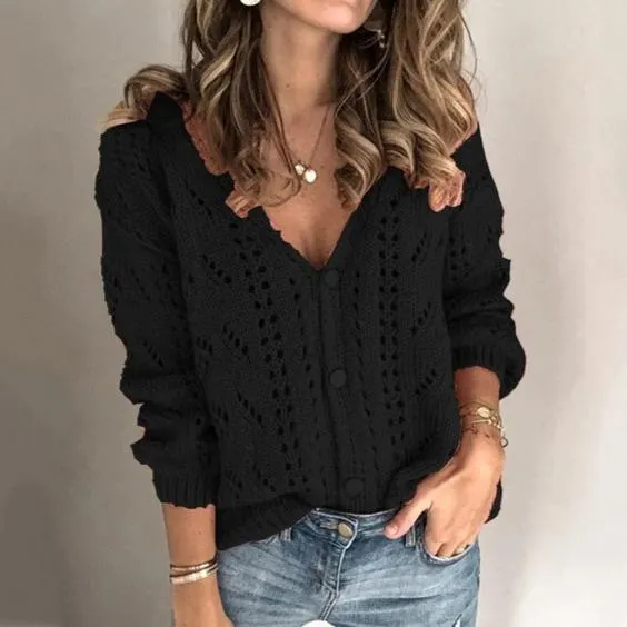 Women's v-neck hollow knit sweater long sleeve casual pullover sweater