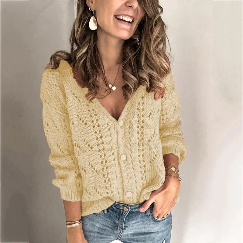 Women's v-neck hollow knit sweater long sleeve casual pullover sweater