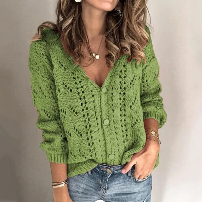 Women's v-neck hollow knit sweater long sleeve casual pullover sweater