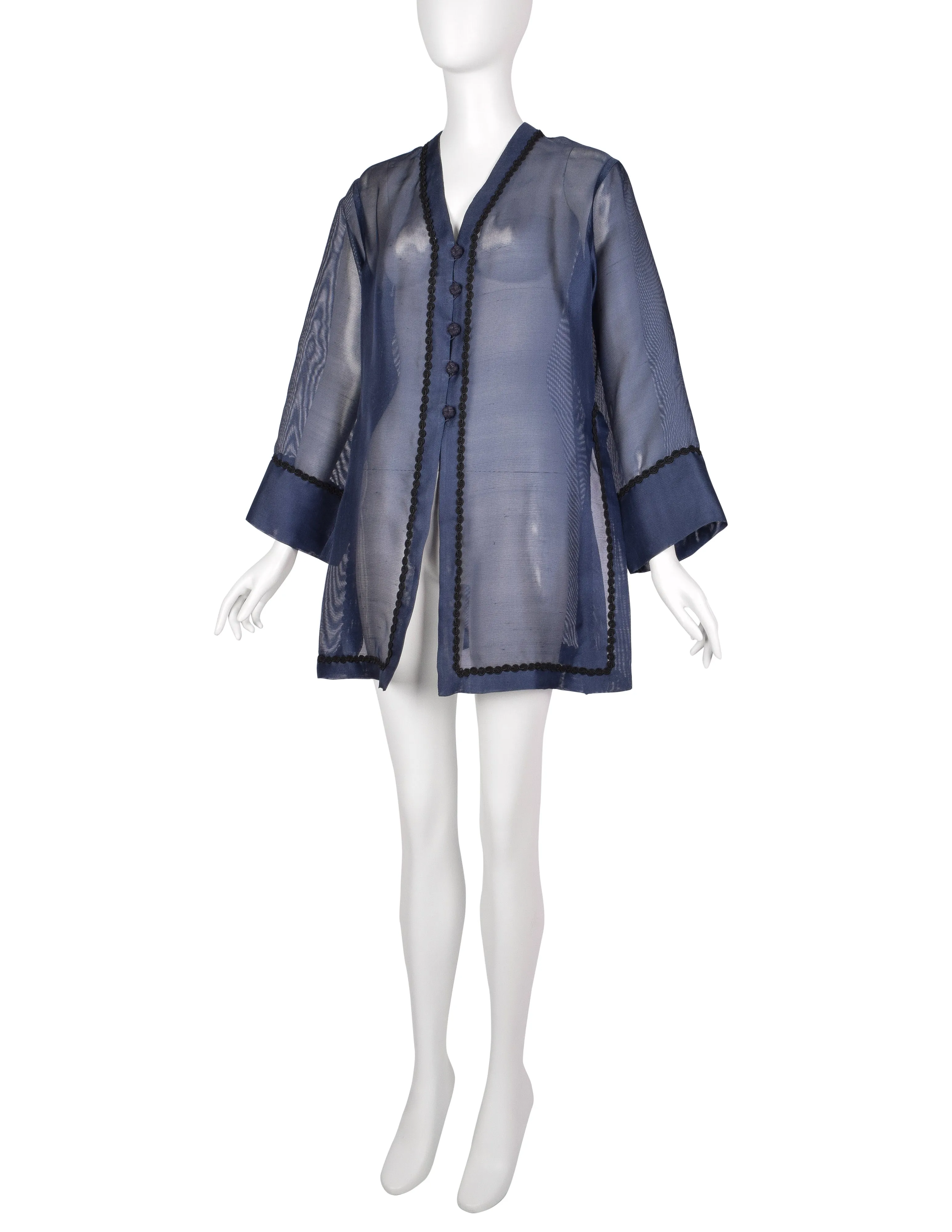 Yves Saint Laurent Vintage 1990s Navy Blue Sheer Silk Oversized Cardigan Duster