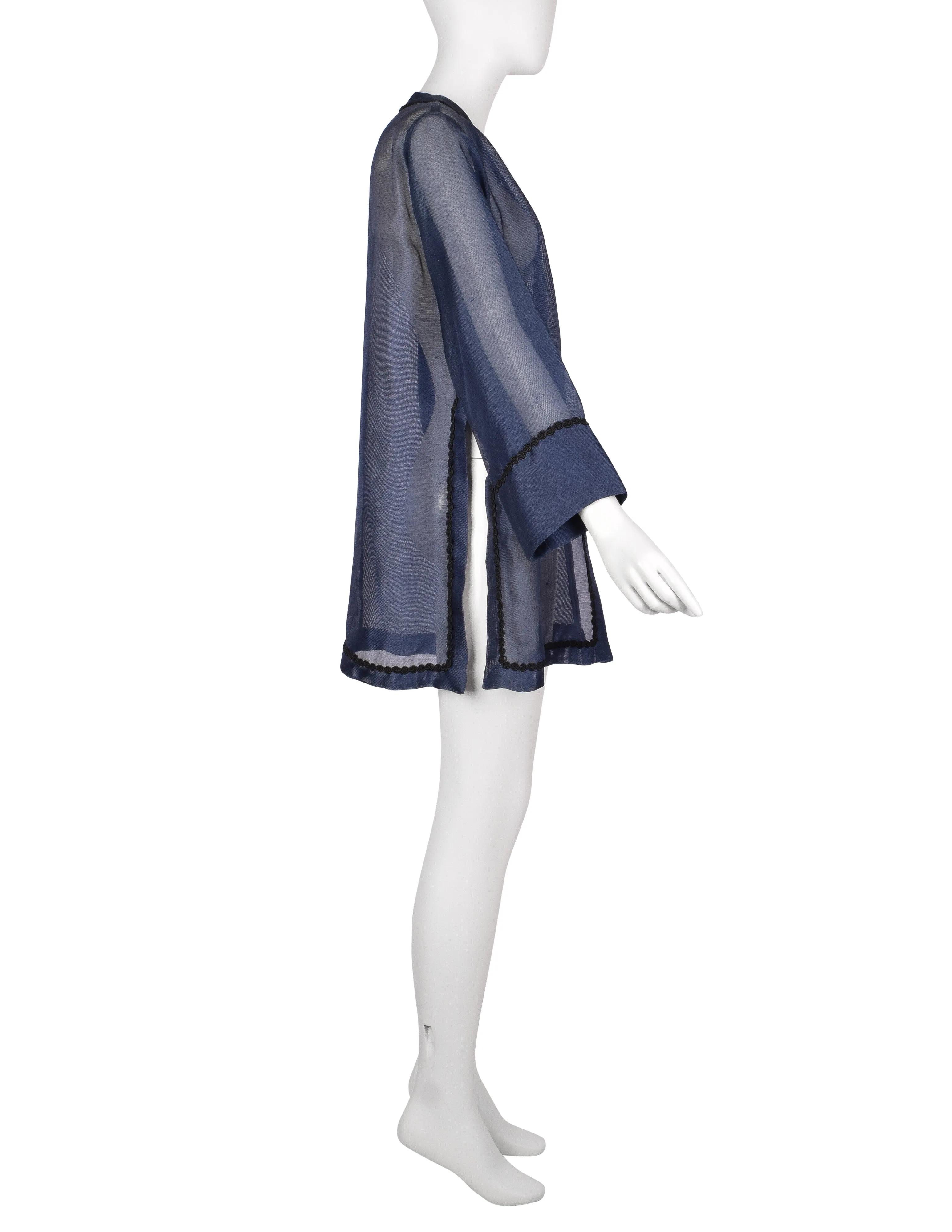 Yves Saint Laurent Vintage 1990s Navy Blue Sheer Silk Oversized Cardigan Duster