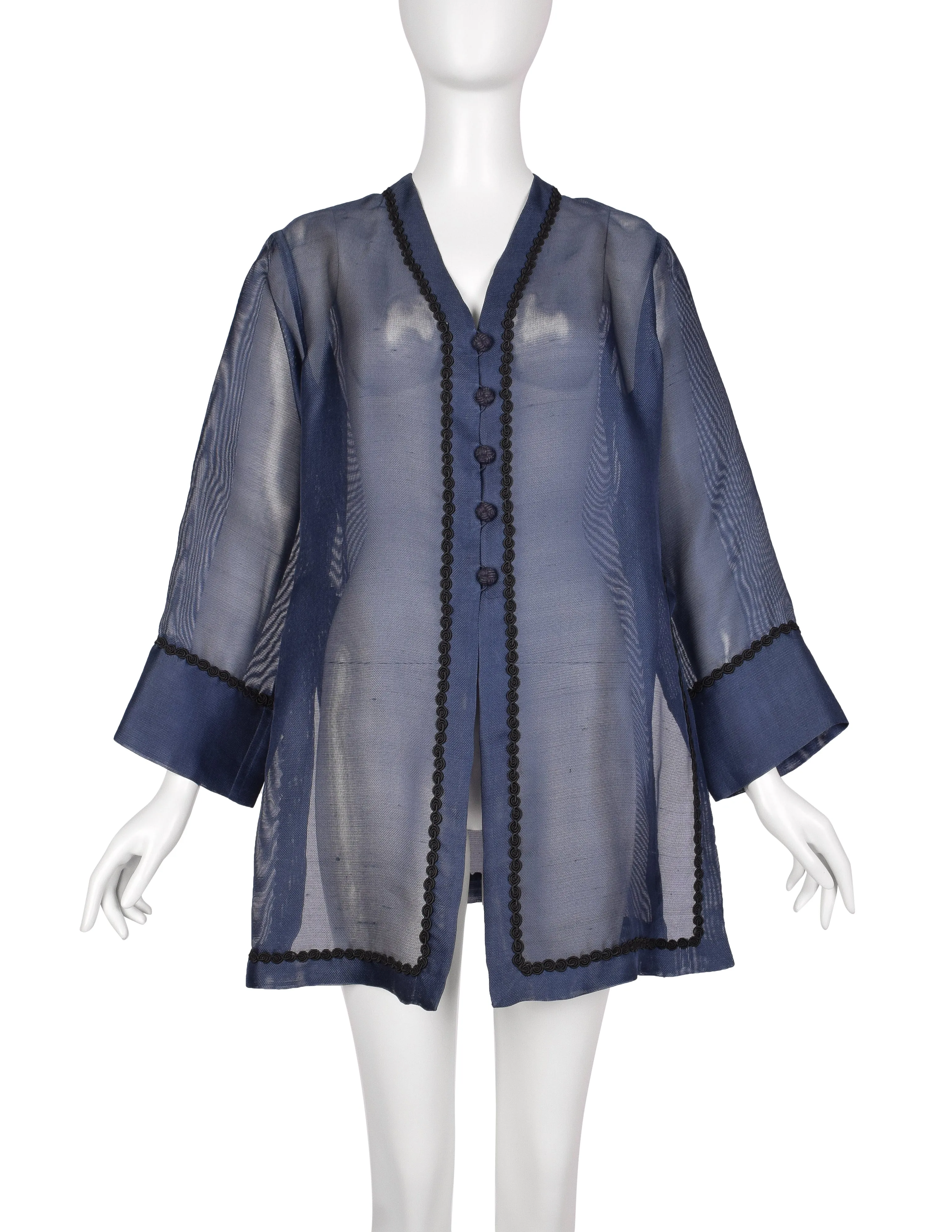 Yves Saint Laurent Vintage 1990s Navy Blue Sheer Silk Oversized Cardigan Duster