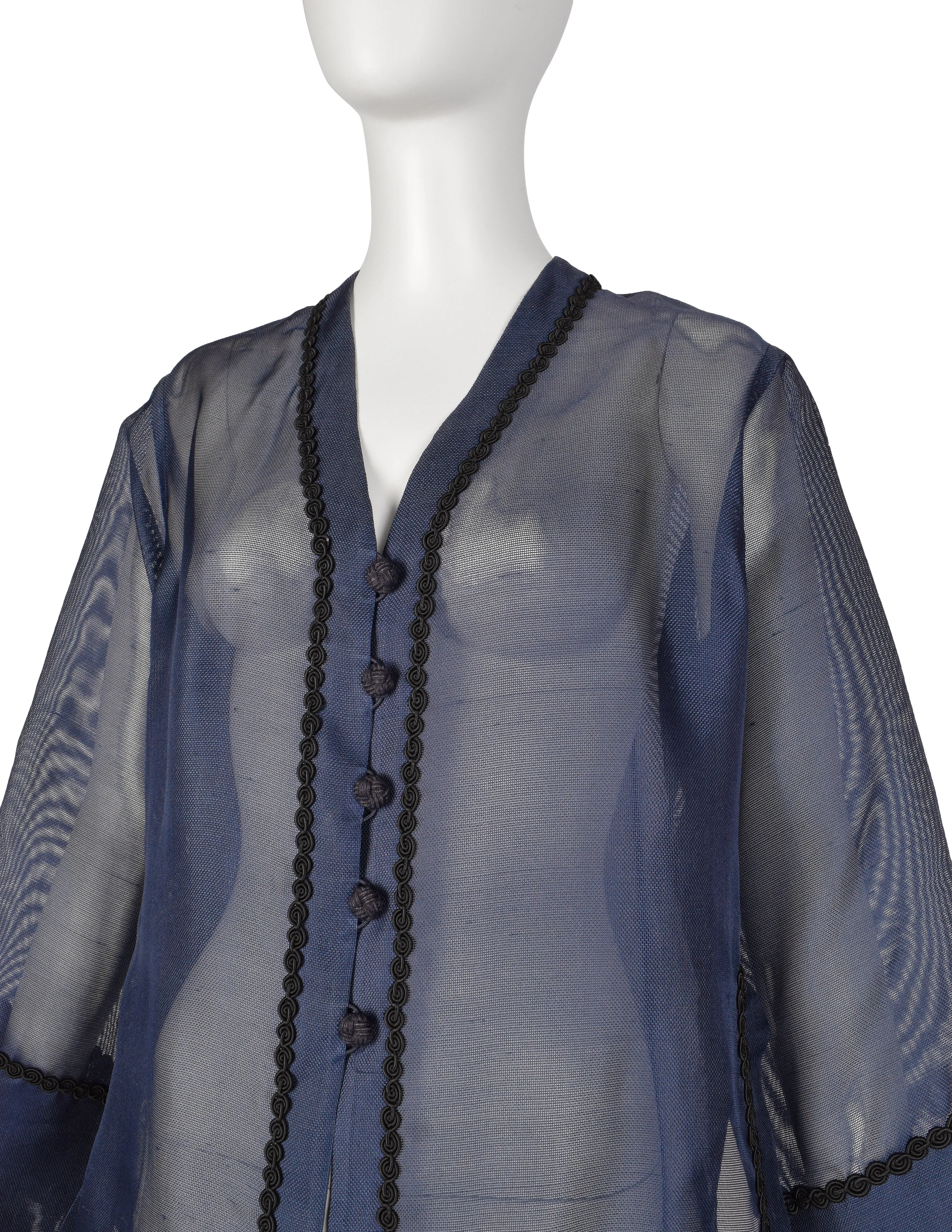 Yves Saint Laurent Vintage 1990s Navy Blue Sheer Silk Oversized Cardigan Duster