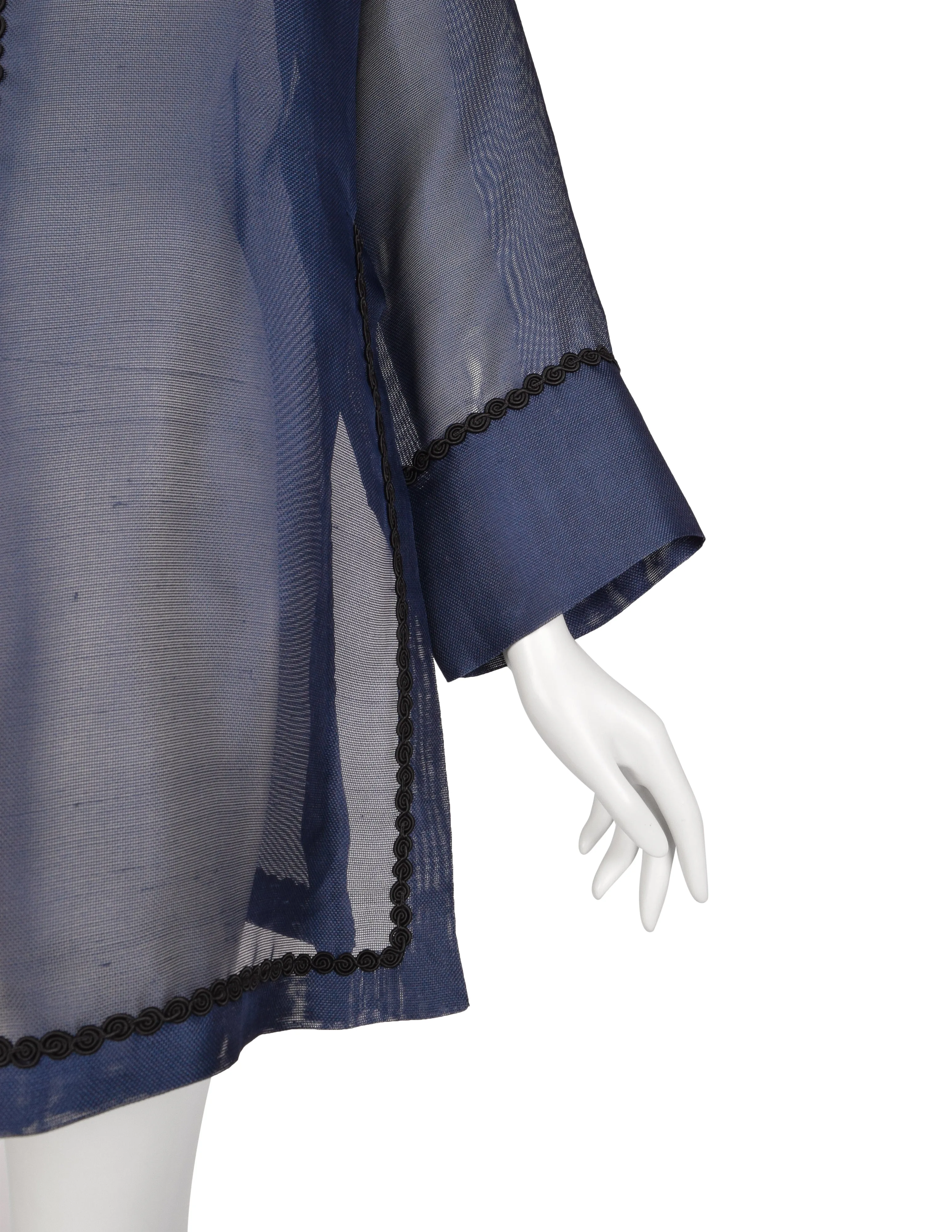 Yves Saint Laurent Vintage 1990s Navy Blue Sheer Silk Oversized Cardigan Duster