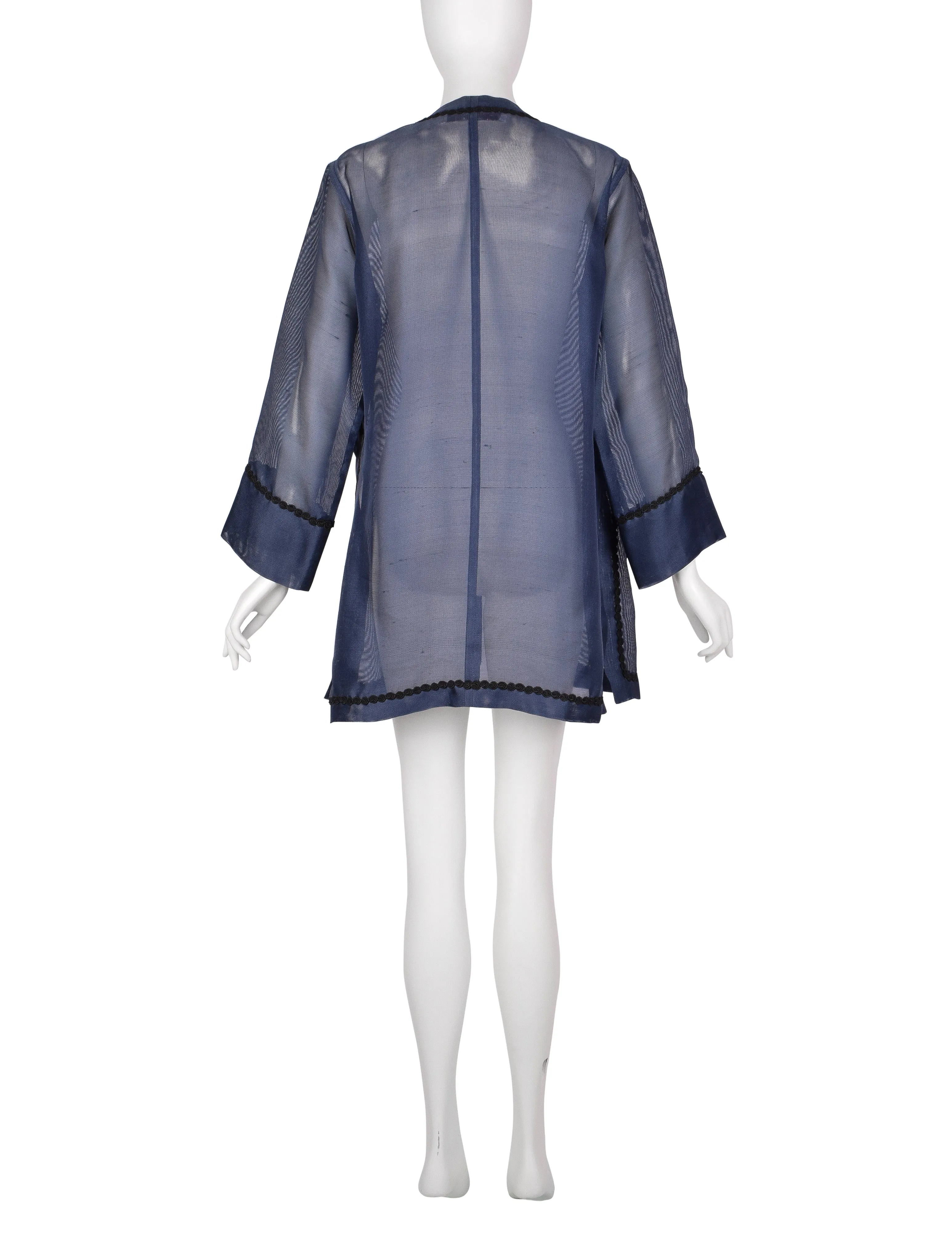 Yves Saint Laurent Vintage 1990s Navy Blue Sheer Silk Oversized Cardigan Duster