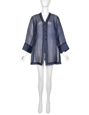 Yves Saint Laurent Vintage 1990s Navy Blue Sheer Silk Oversized Cardigan Duster